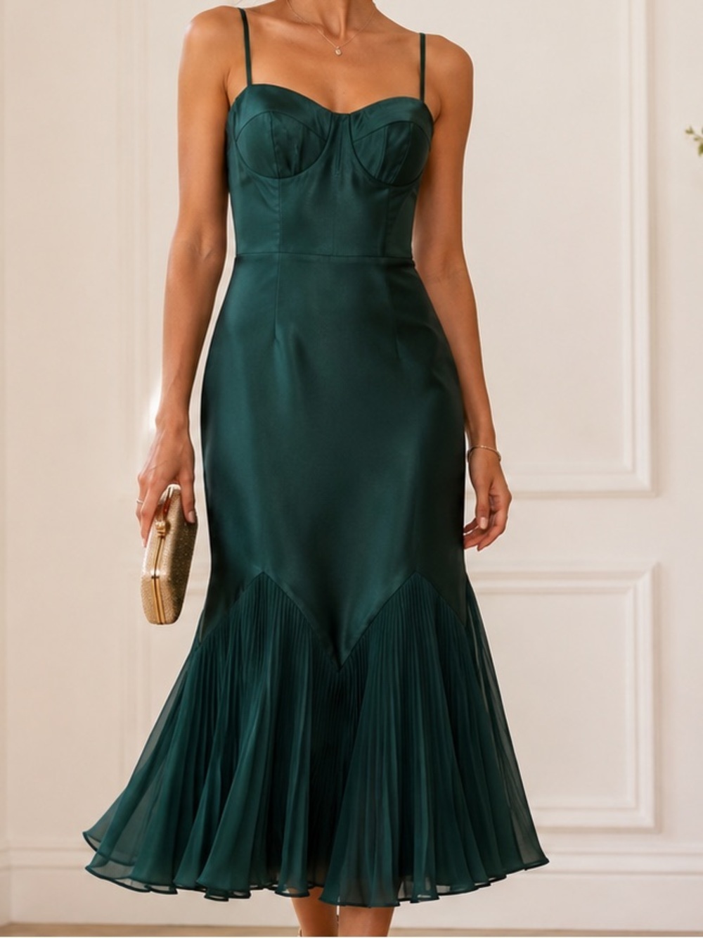 AW Bridal Dark Emerald Satin Bustier Midi Dress Size 0 NWT